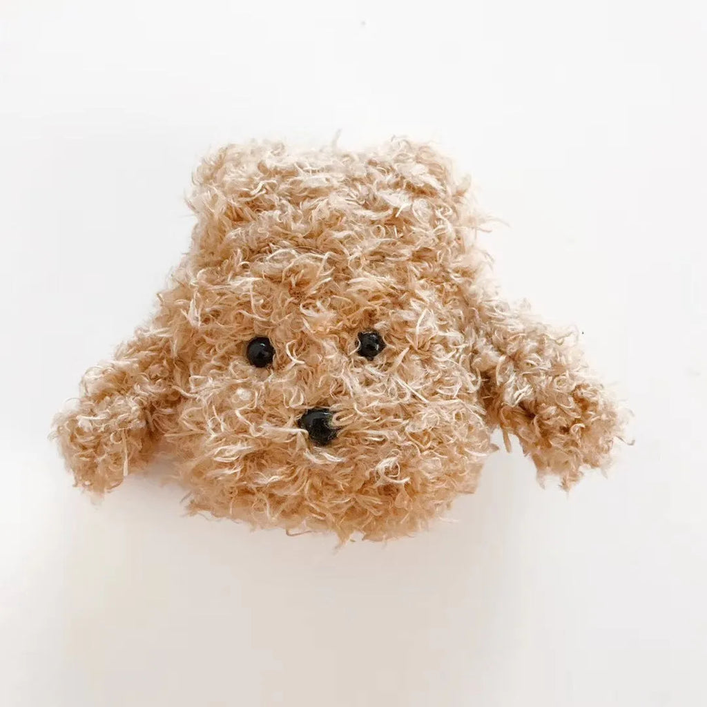 Plush Teddy dog AirPods case cover for AirPods 1st and 2nd generation, cartoon animal design in white, light brown, or dark brown.