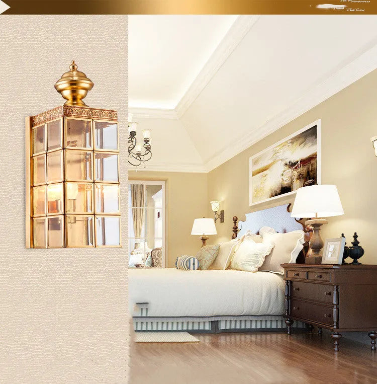 Gold full copper wall lamp with glass shade, E27 fitting, 130 x 410 x 150 mm, for balcony courtyard