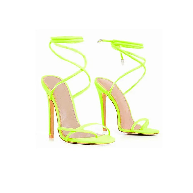 Candy bright toe strap high heels with microfiber upper and rubber sole in black, orange, rose red and yellow