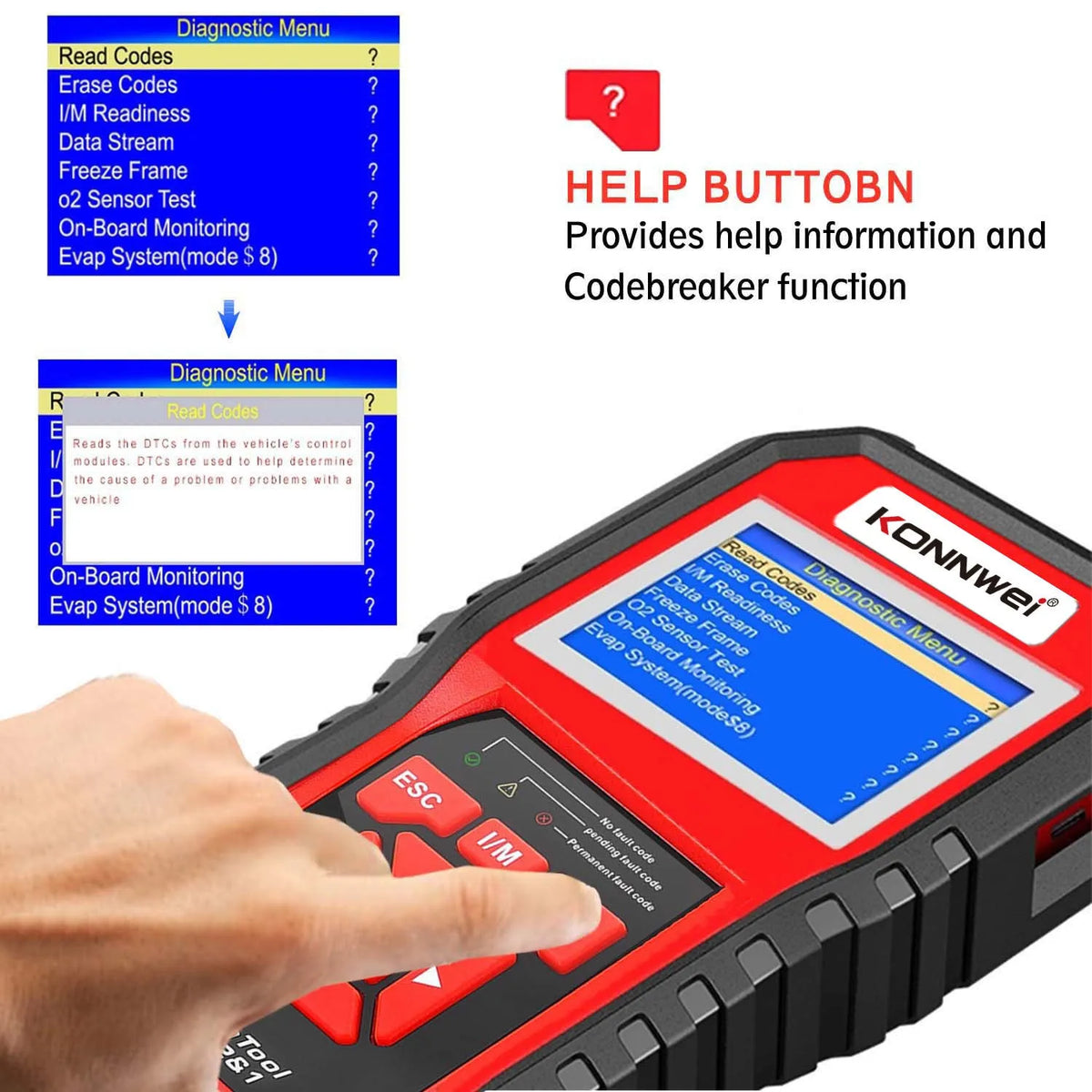 KONNWEI KW850 OBD2 CAN BUS code reader with TFT colour display and One-Click I/M Readiness Key