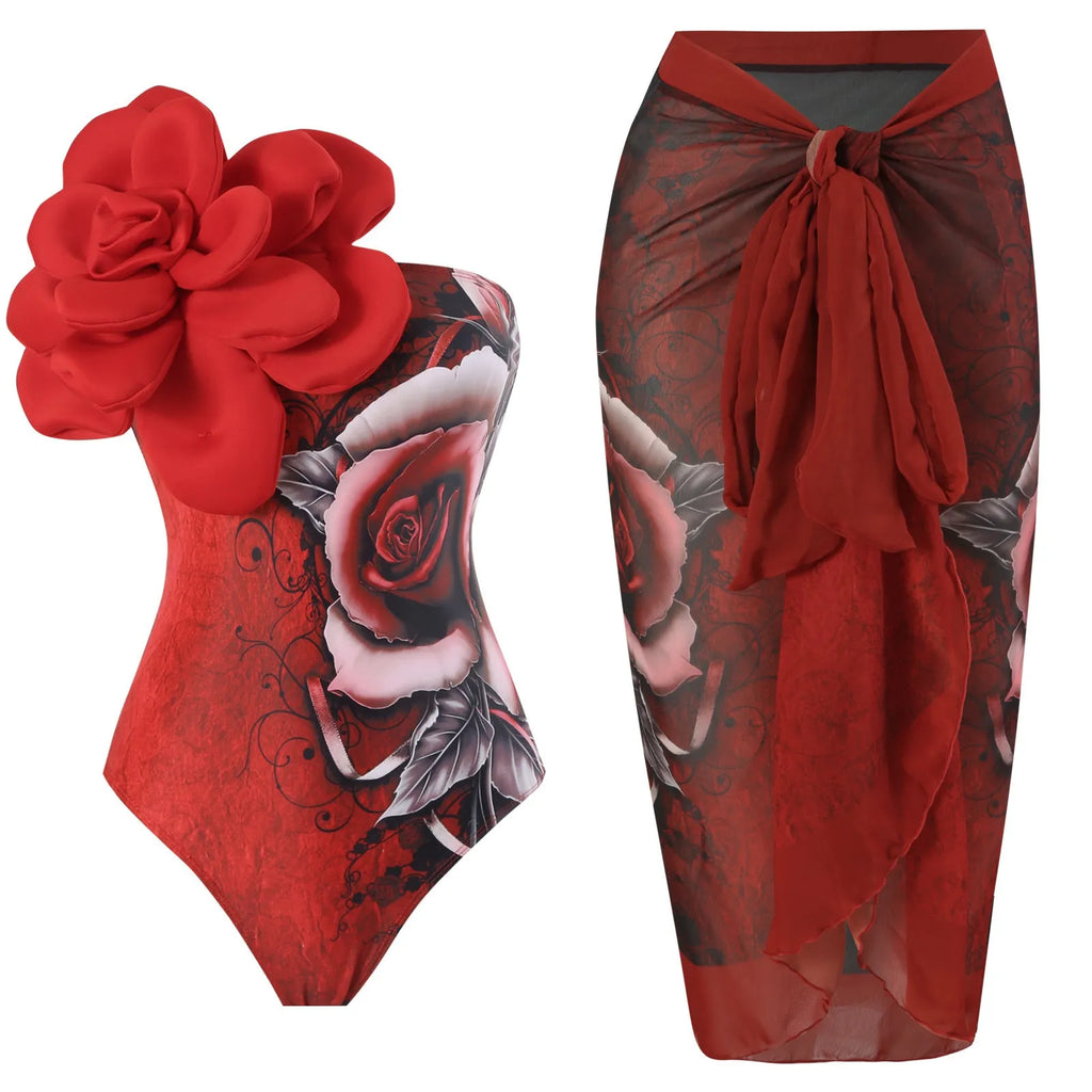 Blue fairy print one-piece swimsuit with matching long gauze skirt cover-up.