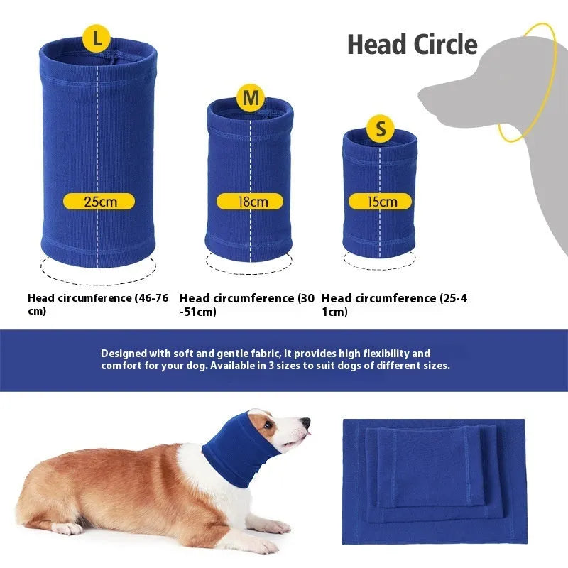 Blue polyester dog headband scarf shown on a dog, casual style, size options available.