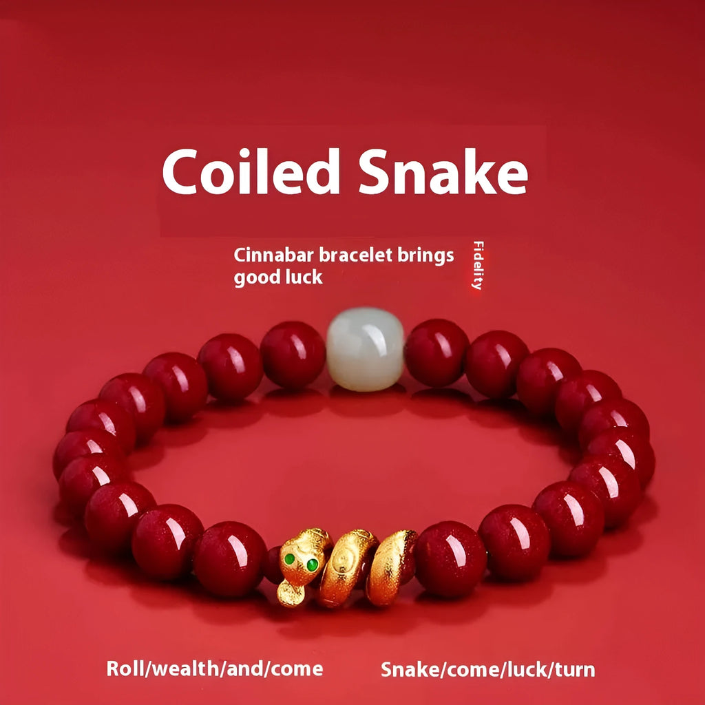 Handmade Chinese-style cinnabar bracelet with snake zodiac beads, shown in 6mm and 8mm size options.