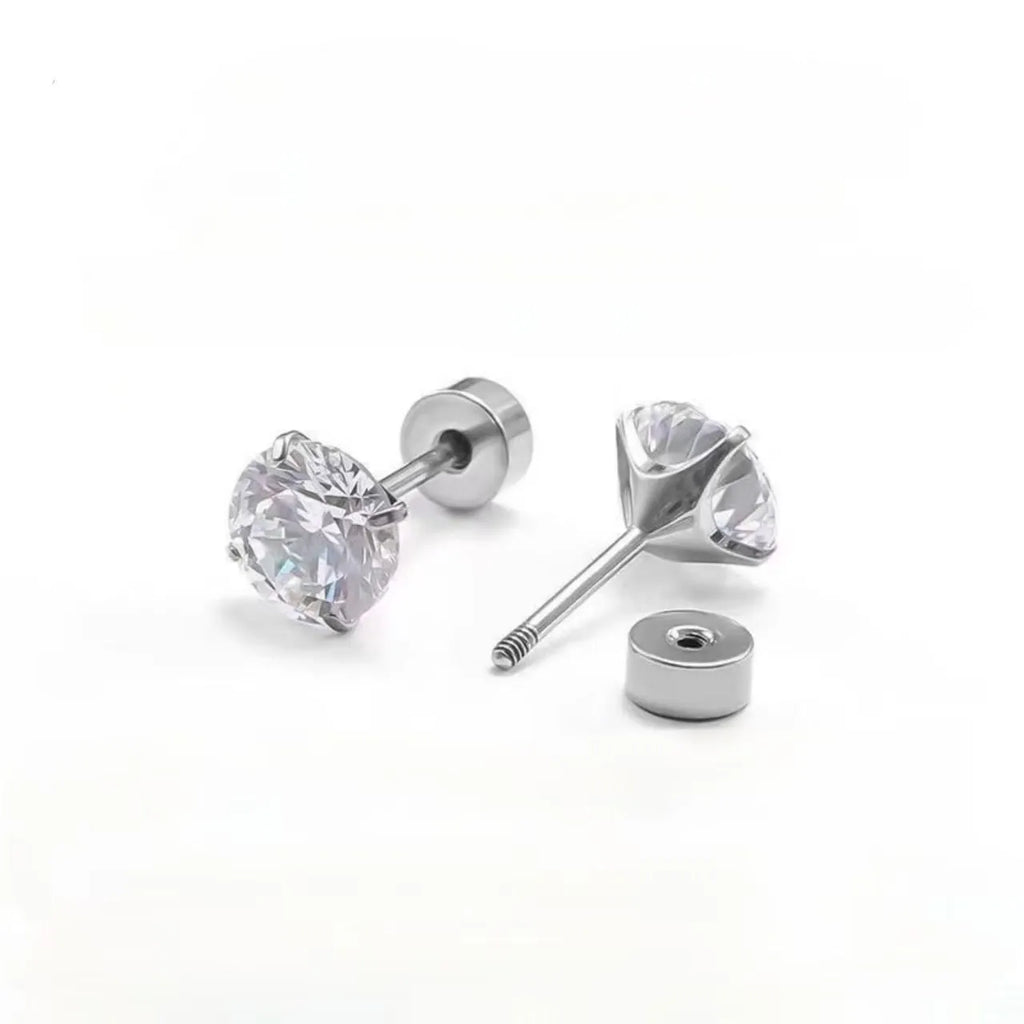 Titanium steel ear studs with flat bottom screw back, crown inlaid zircon, gold finish on white background