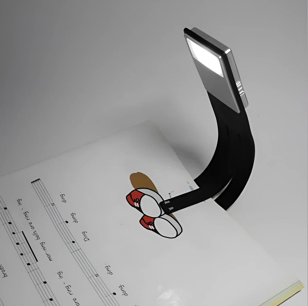 Folding LED book light, black plastic, 205x40x9mm, USB rechargeable, frosted panel, for Kindle reading