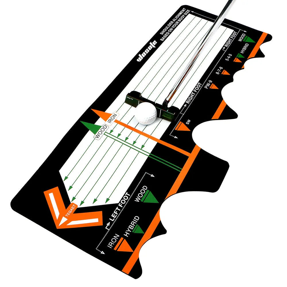 Black neoprene golf swing posture correction pad with alignment indicators for stance training