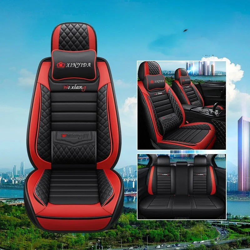 Red leather car seat cushion with high elastic sponge filling, shown on a car seat.
