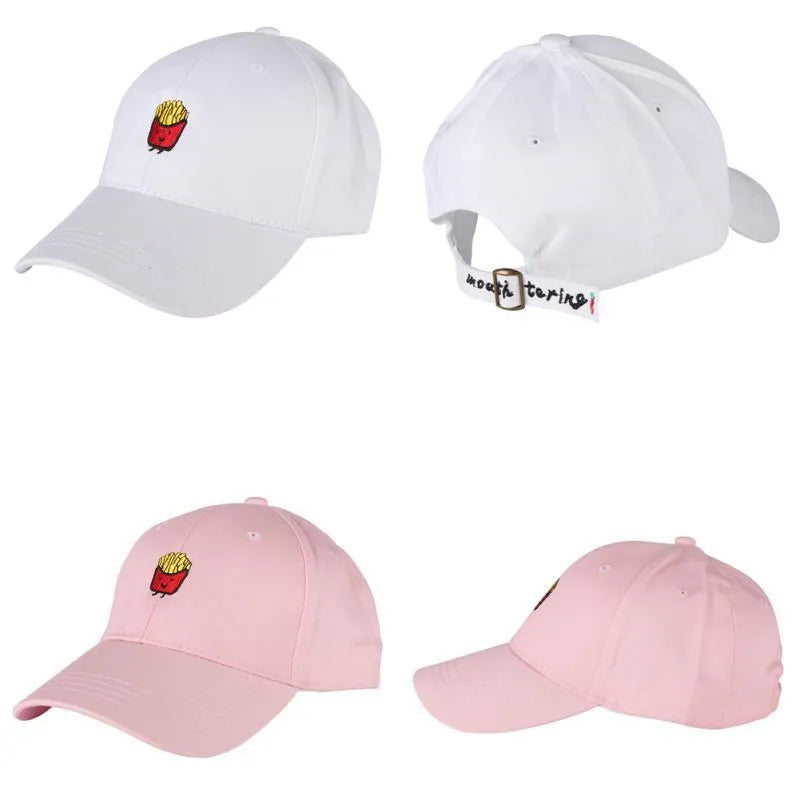 Cotton embroidered baseball cap with letter pattern and curling eaves in black, white, or pink.