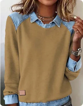 Denim collar long sleeve pullover knitwear top with contrast denim collar, solid colour body, street fashion style