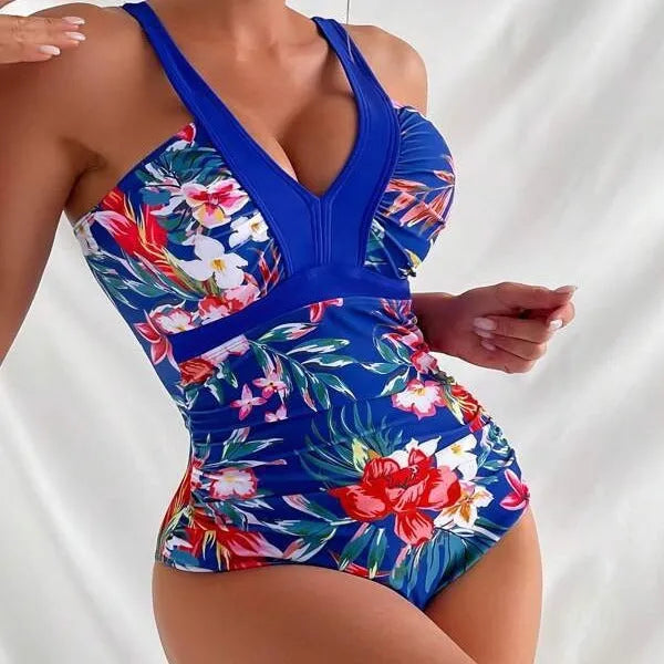 Women's floral backless one-piece swimsuit in multiple colours with high elasticity spandex construction
