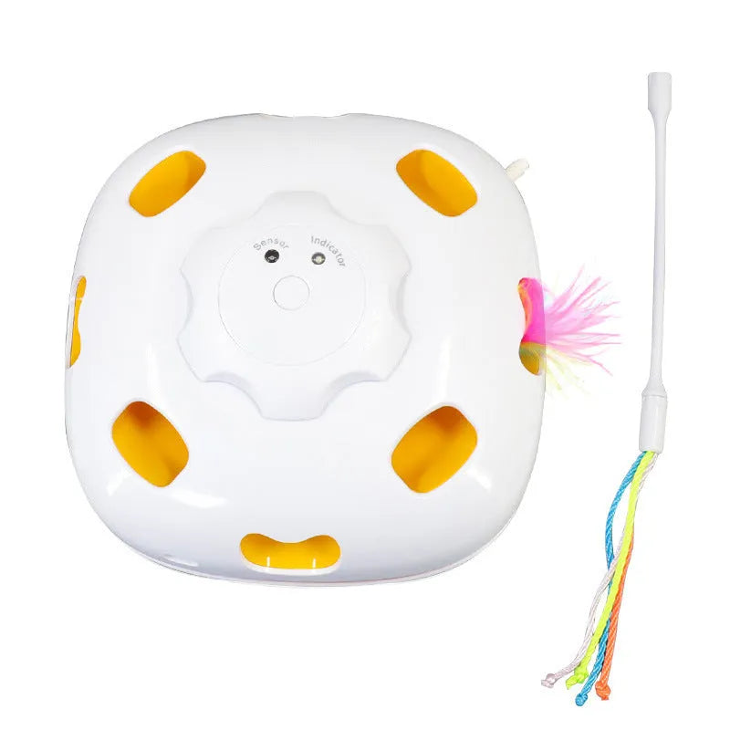 Automatic cat teaser toy with moving wand in picture colour design, measuring 19.8x11.5x19.5cm