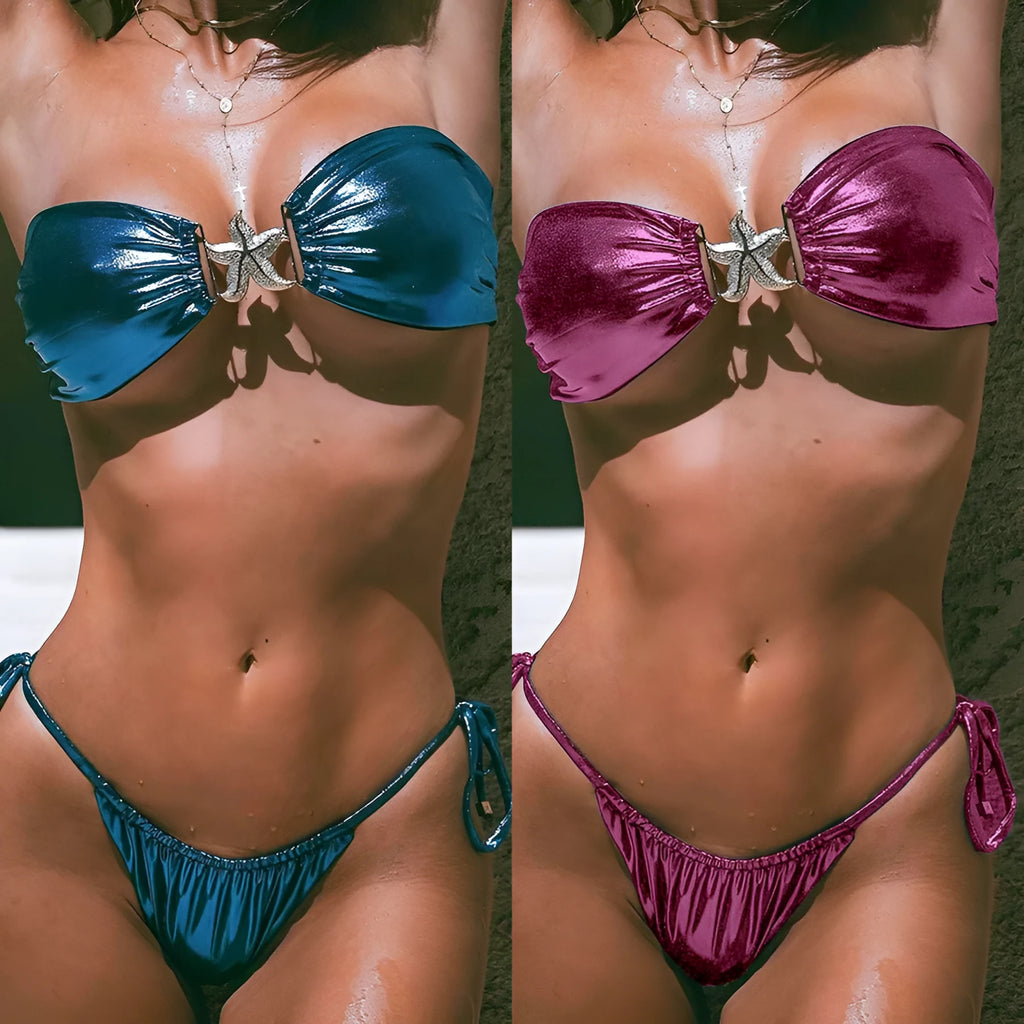 Glossy tube top split bikini with gold starfish print in sapphire blue.