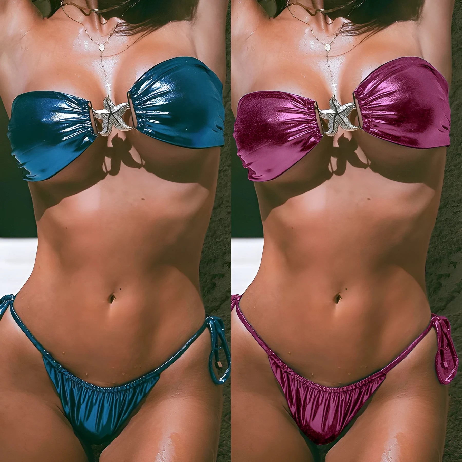 Glossy tube top split bikini with gold starfish print in sapphire blue.