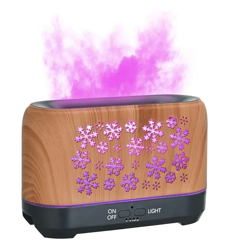 Square snowflake wood grain aromatherapy humidifier with colourful LED flame effect and remote control