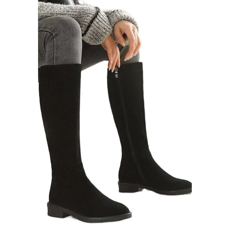 Women's solid colour frost-finished sheepskin Martin boots flat heel front lace-up round toe black with velvet