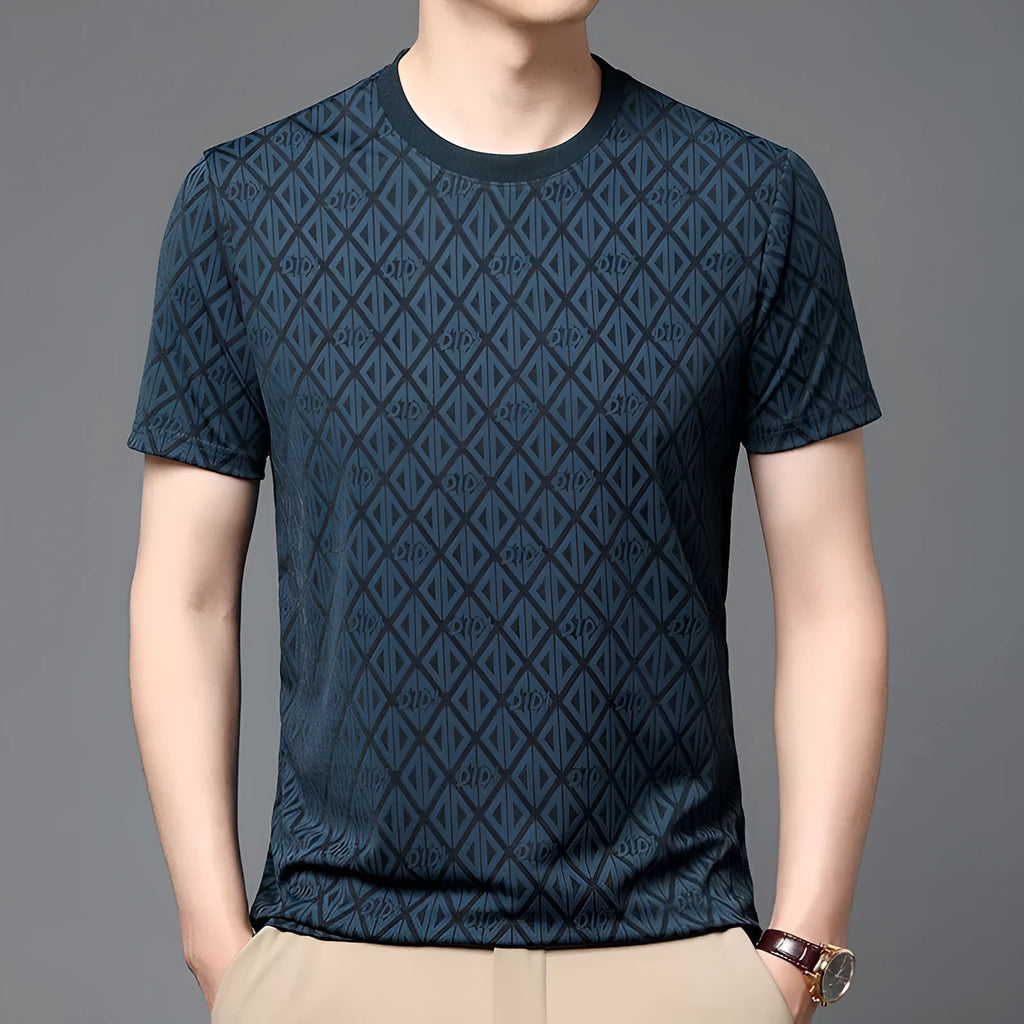 Men's loose fit round neck T-shirt in ice silk fabric with jacquard texture