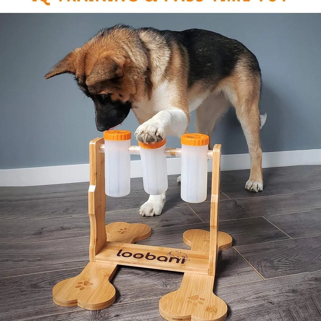 Wooden dog puzzle toy feeder with interactive compartments measuring 31x30x20cm