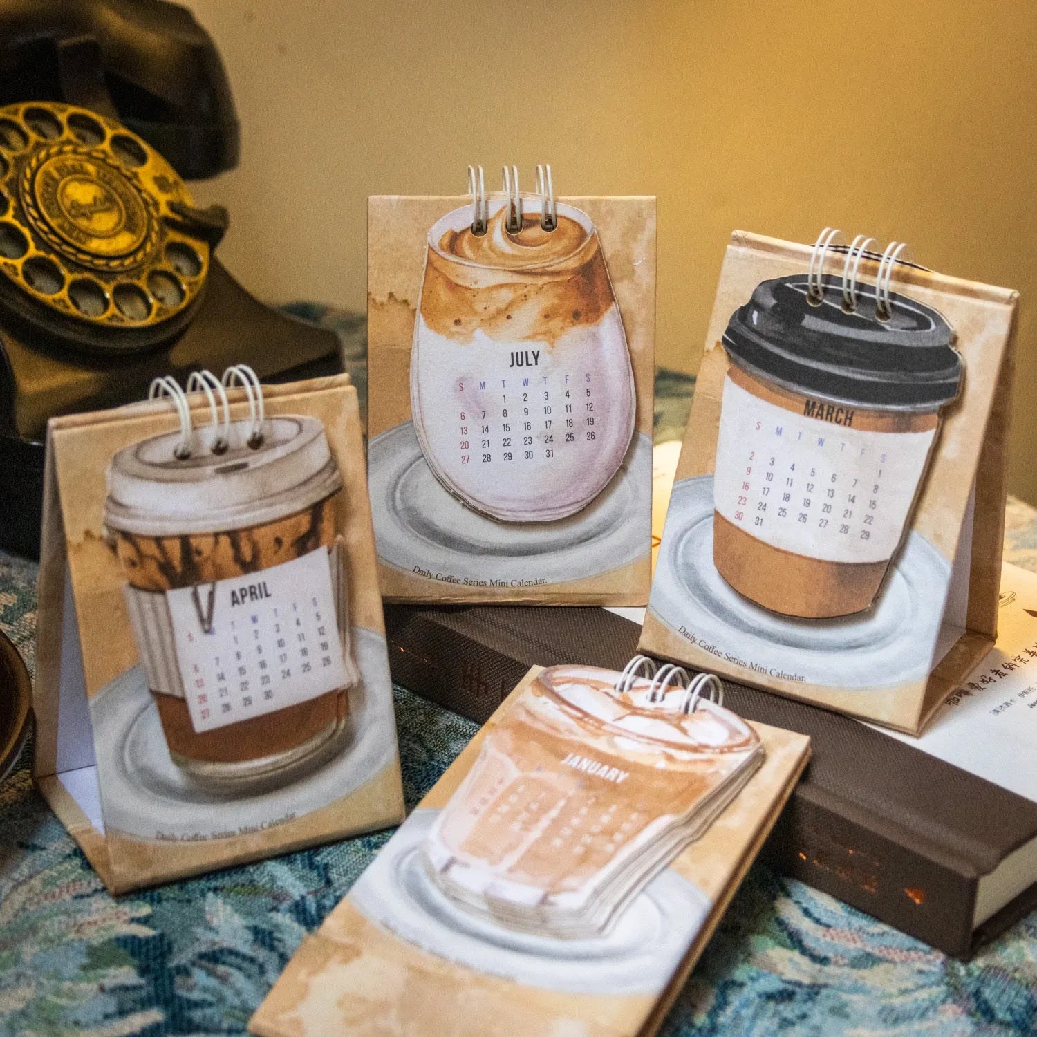 Mini 2025 desk calendar showing coffee theme with motivational design