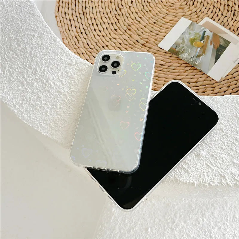 Transparent silicone iPhone case with a laser colourful love design shown on a phone.