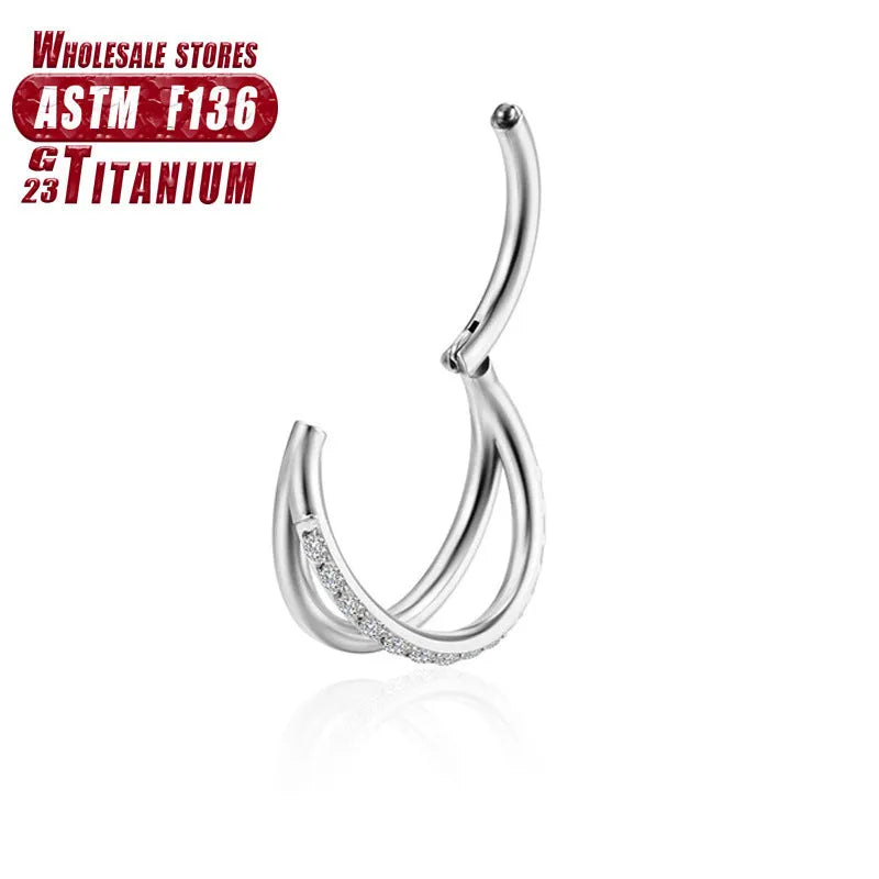 Titanium alloy nose ring piercing stud shown in silver and gold, available in multiple sizes with optional diamond accent.