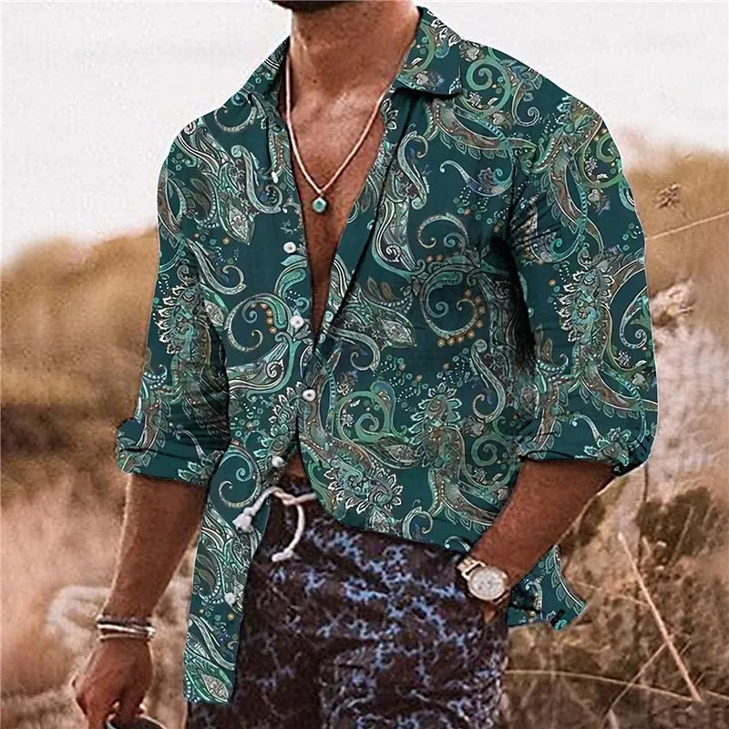 Man wearing a loose fit men's shirt with a detailed 3D floral pattern print on polyester fabric.