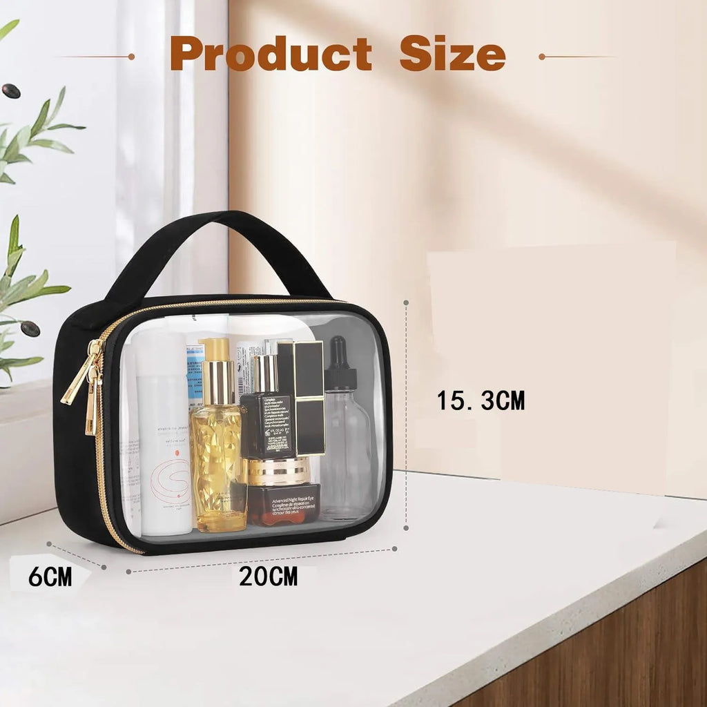 Transparent PVC cosmetics wash bag with chain handle in multiple colour options.