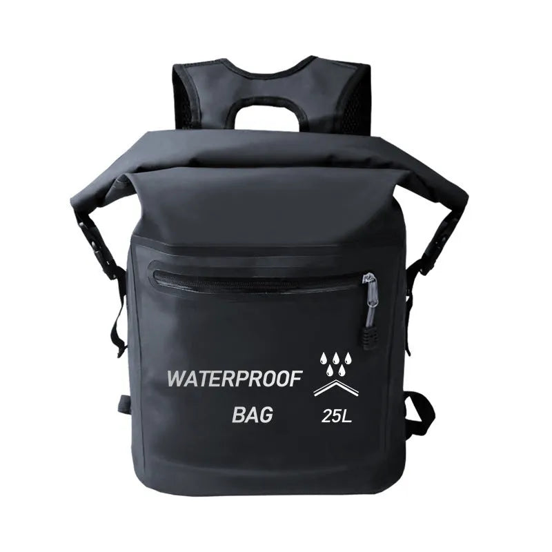 Black 25 litre waterproof backpack for outdoor swimming and rafting activities