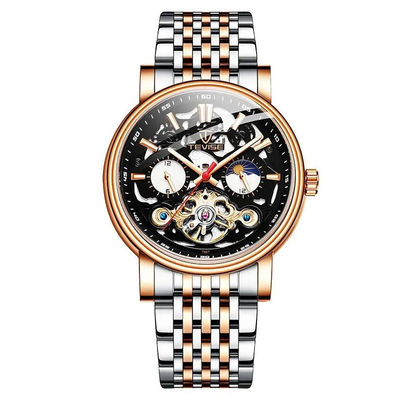 Men's mechanical tourbillon watch with waterproof case and luminous hands in multiple colour options