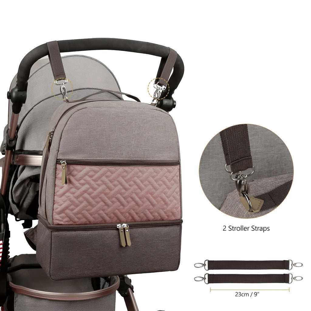 Grey insulated mother and child travel backpack with curved shoulder straps showing interior organisational compartments