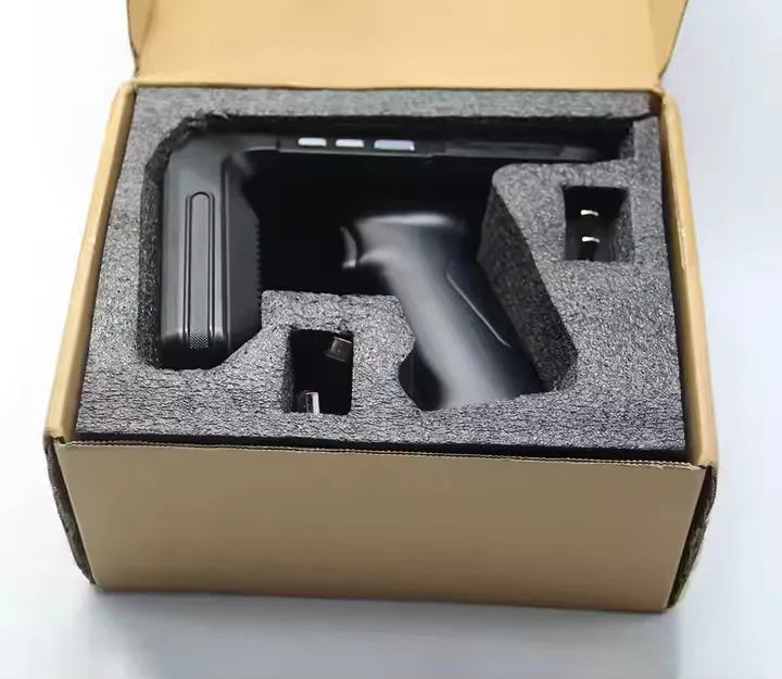 SLP-05 handheld Android UHF RFID reader and barcode scanner with removable battery.