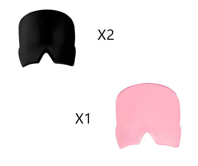 Black elastic ice gel headache relief eye mask shown on a mannequin head, adjustable for 42-66cm circumference.
