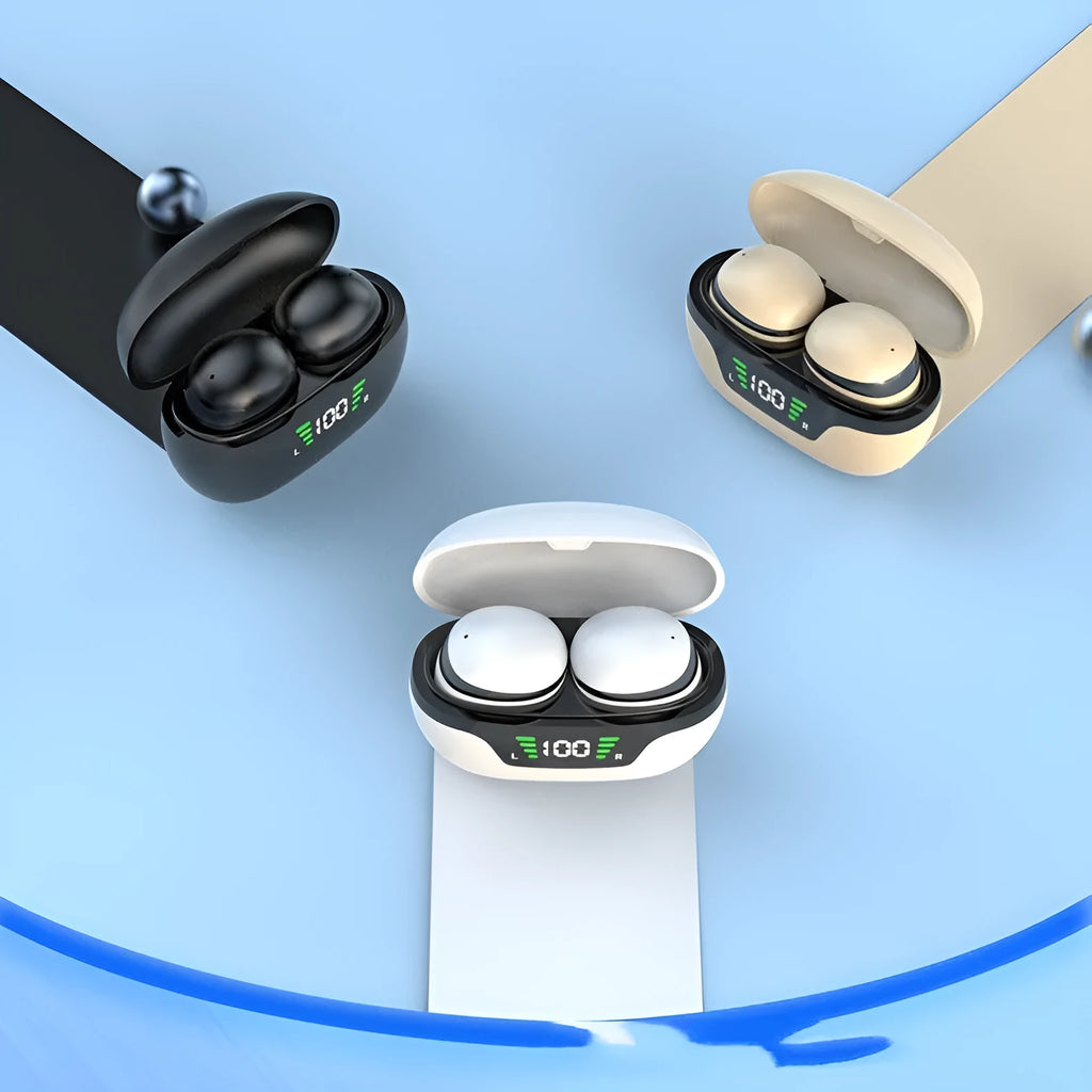 Super mini wireless Bluetooth-compatible in-ear headset in black with digital display screen and charging cable