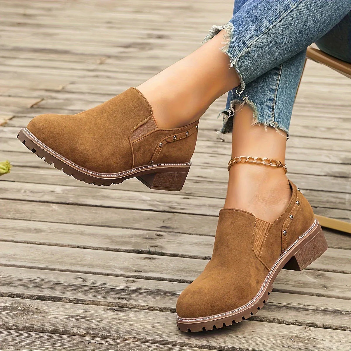 Plus size women's suede ankle boots with elastic band and chunky rubber sole in light brown