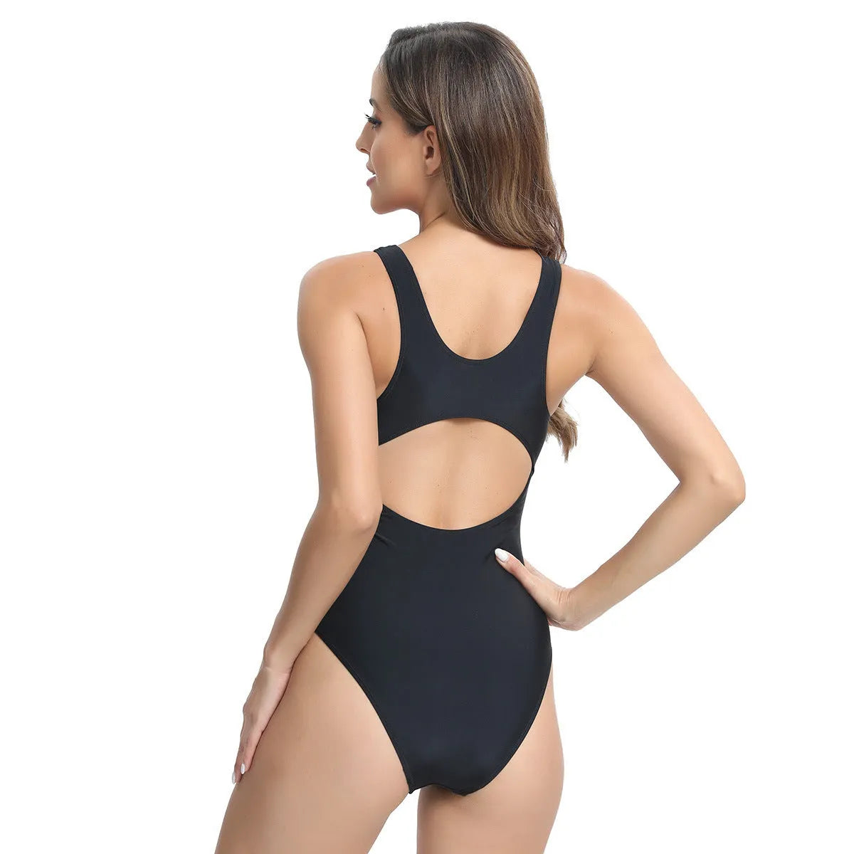 One-piece briefs swimsuit in tight-fitting design available in rose red, blue, and white colours