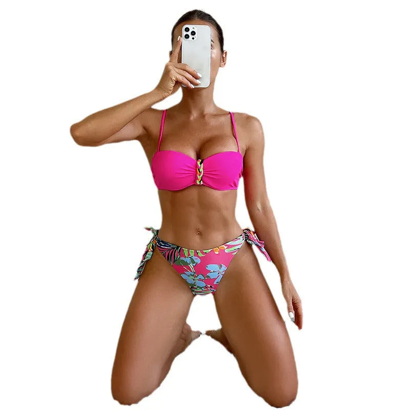 Rose red women's bikini swimsuit with braided rope detailing