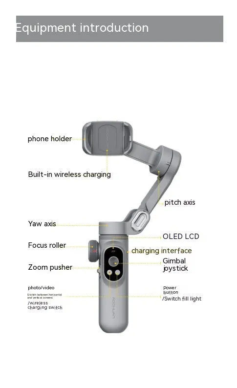 Pro Mobile PTZ Stabilizer in silver gray with three-axis anti-shake, ABS body, and phone clamp
