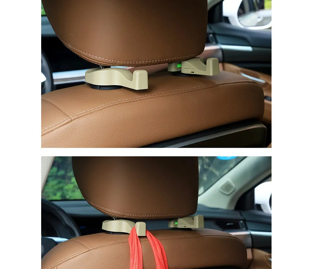 Pair of black plastic concealed car seat back hooks on a car seat back holding a bag