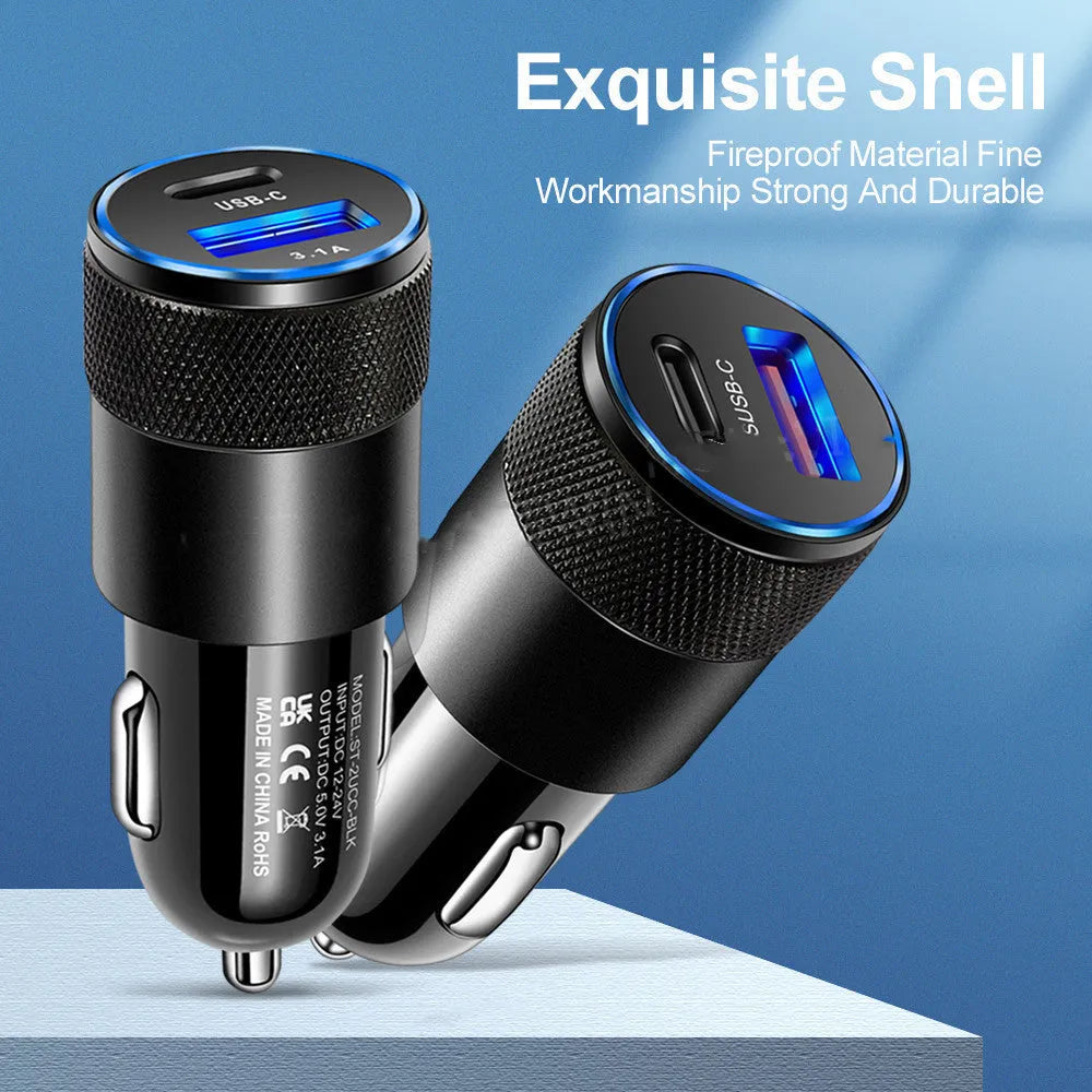 Aluminium alloy mobile phone car charger for 12V vehicles in compact design
