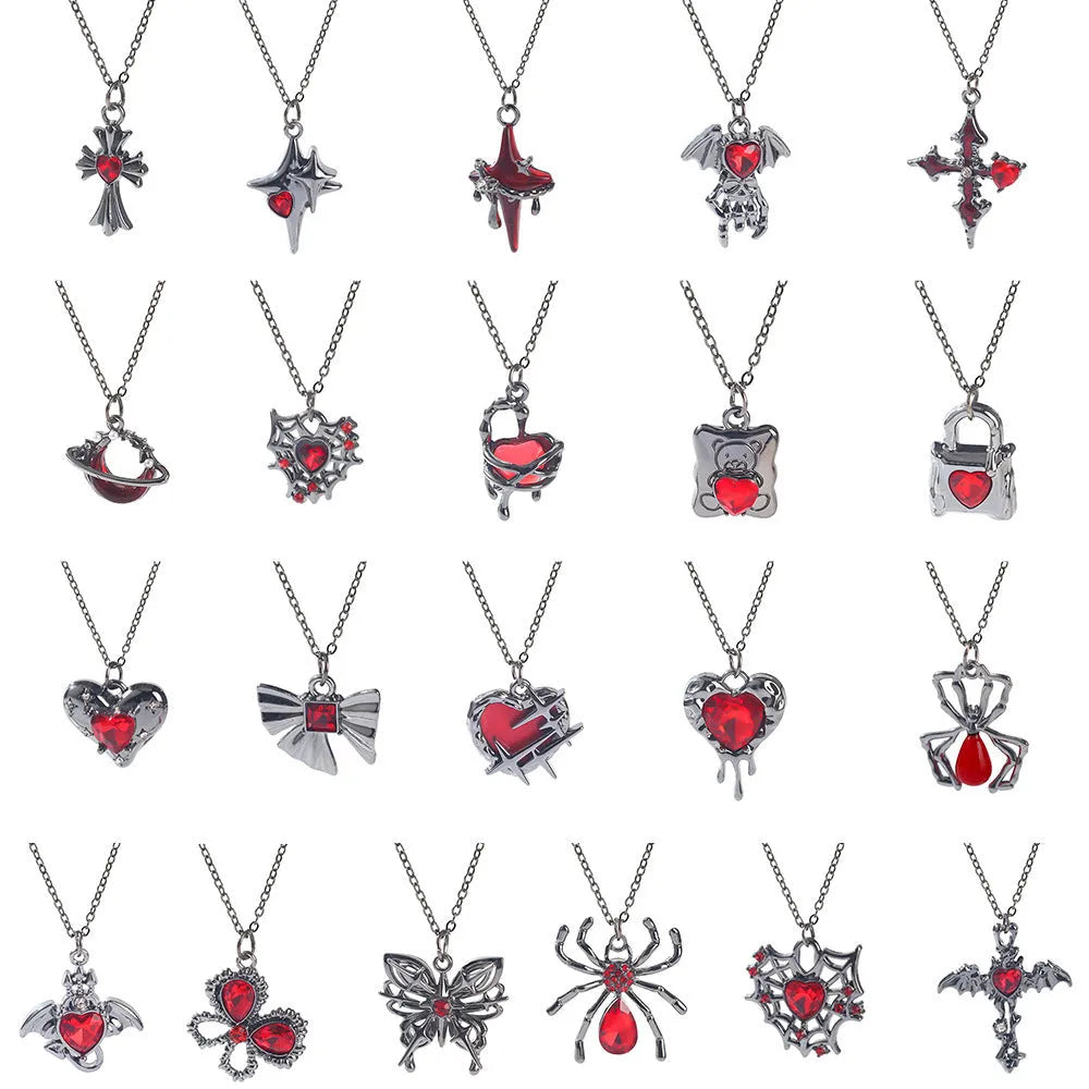 Zinc alloy gothic Halloween necklace showing spider, bat, and cross pendant designs with electroplated finishes