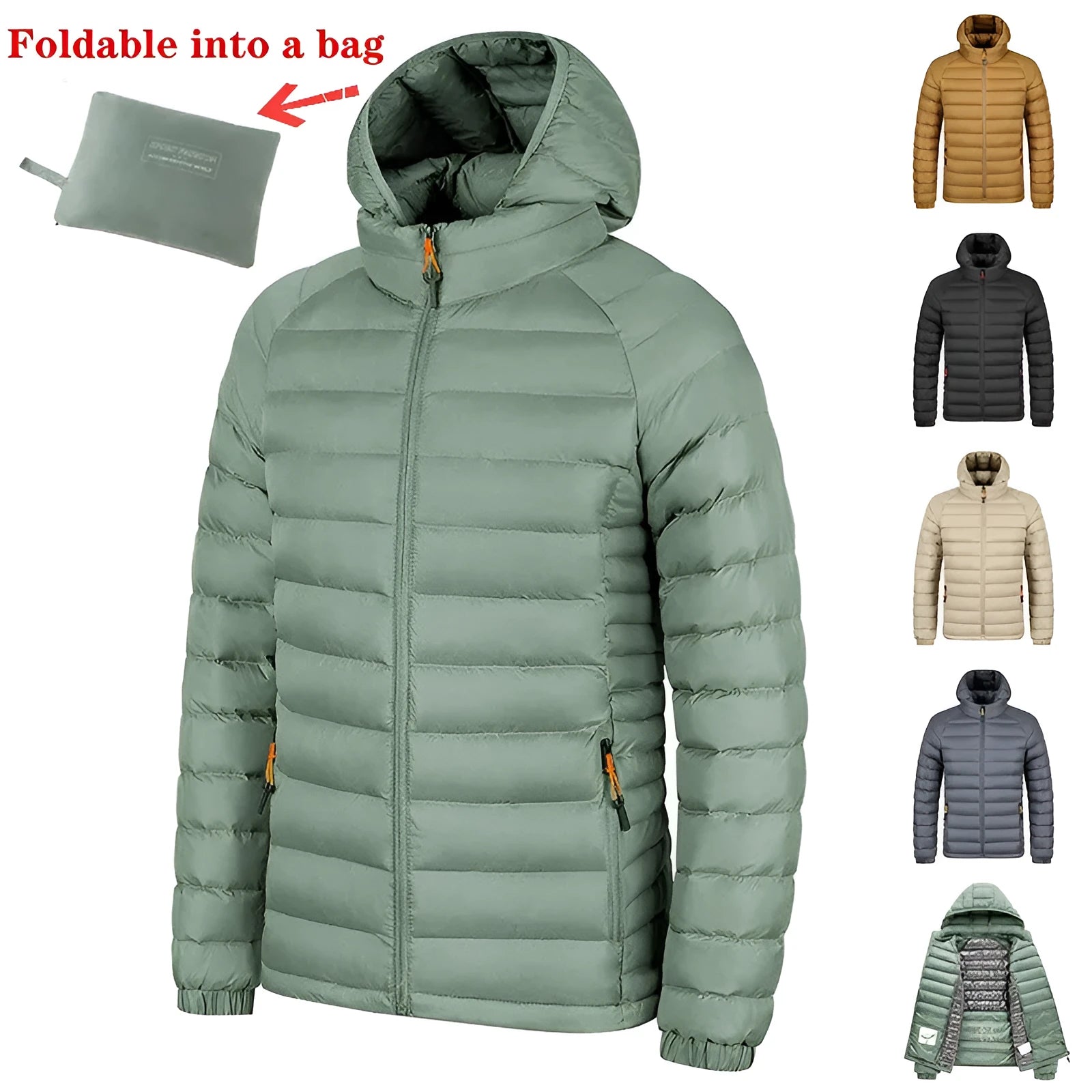 Winter lightweight hooded coat for men, polyester zipper jacket with pockets, solid colour outerwear in five colours