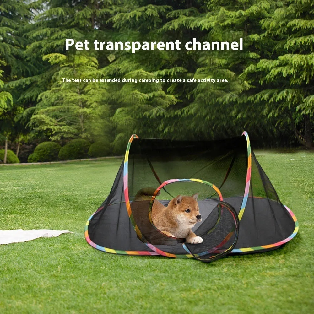 Foldable mesh cat cage showing multiple panel designs including hexagonal and square styles