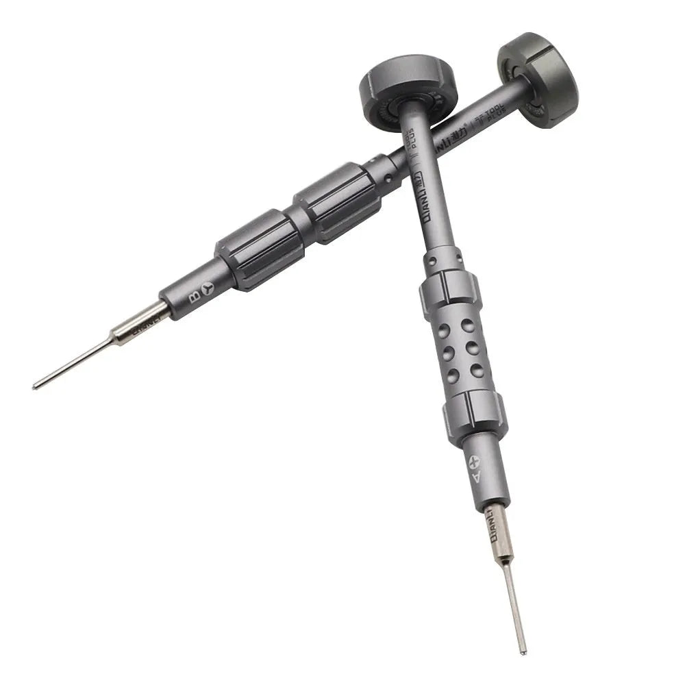 Precision screwdriver with grenade-shaped aluminium handle and T2 cross triangle bit for iPhone repair