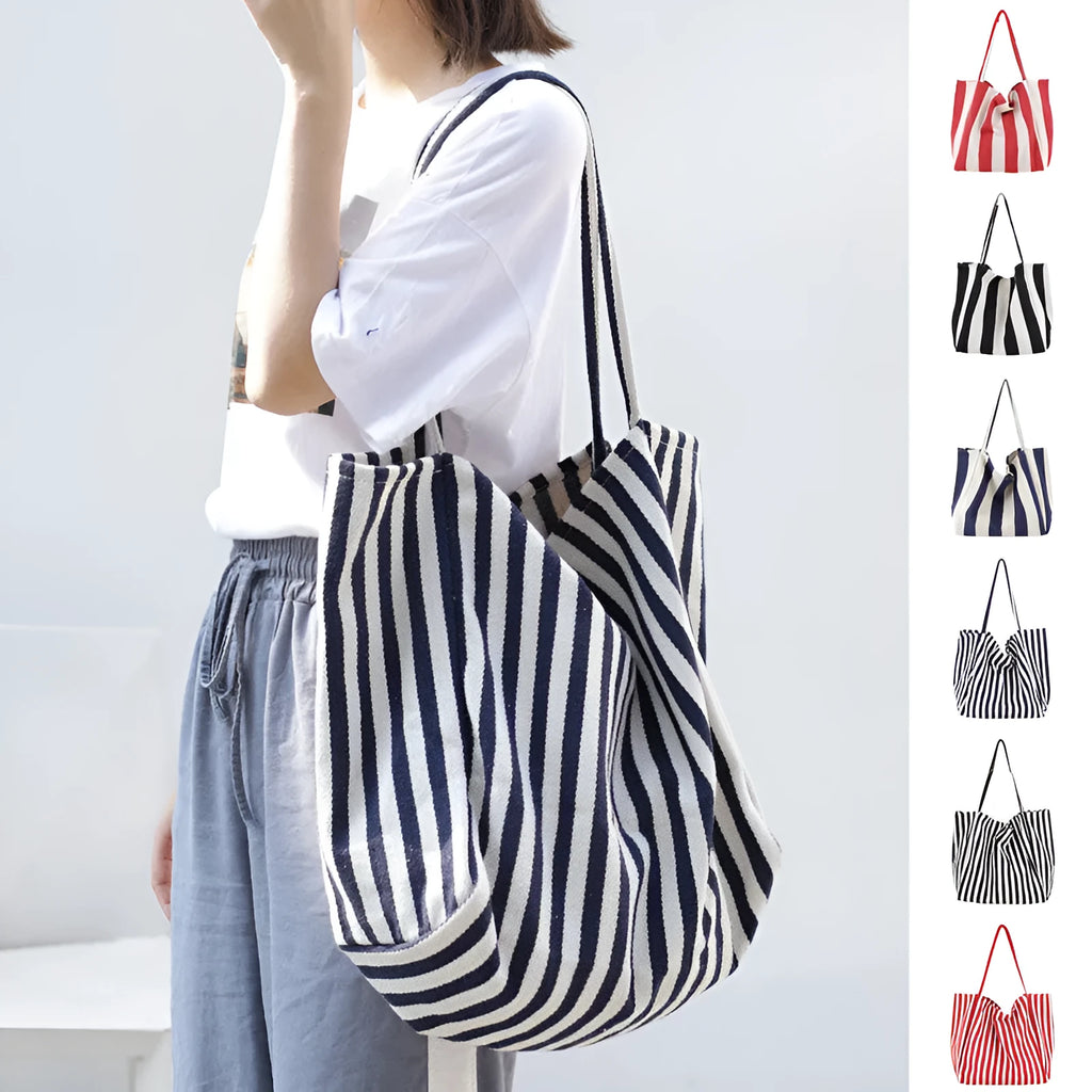 Striped canvas shoulder bag in black, blue, or red with 39cm bottom length, 35cm height, 21cm thickness, and certificate bag.