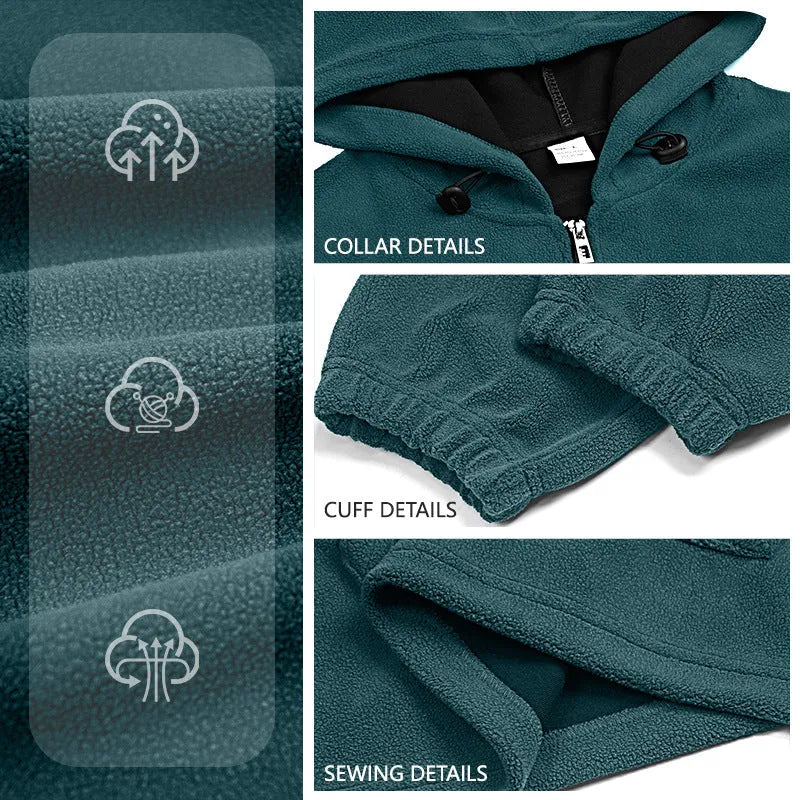 Men's padded fleece sweater, half zip hooded pullover, loose fit, solid colour, polyester, sizes S to XXXL
