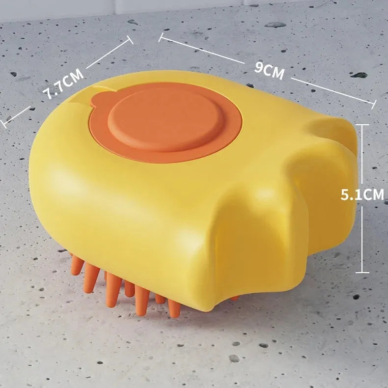 Blue pet bath brush with a massage comb head and a built-in shampoo box in the handle.