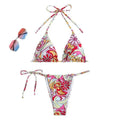 Women's multicolour triangle print bikini with hanging neck design and separate bottoms