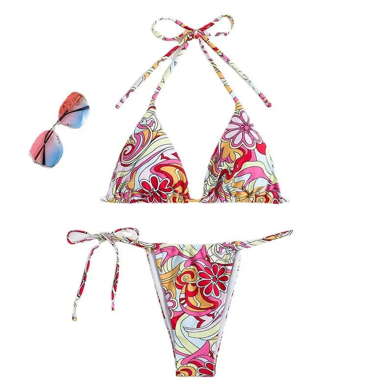 Women's multicolour triangle print bikini with hanging neck design and separate bottoms