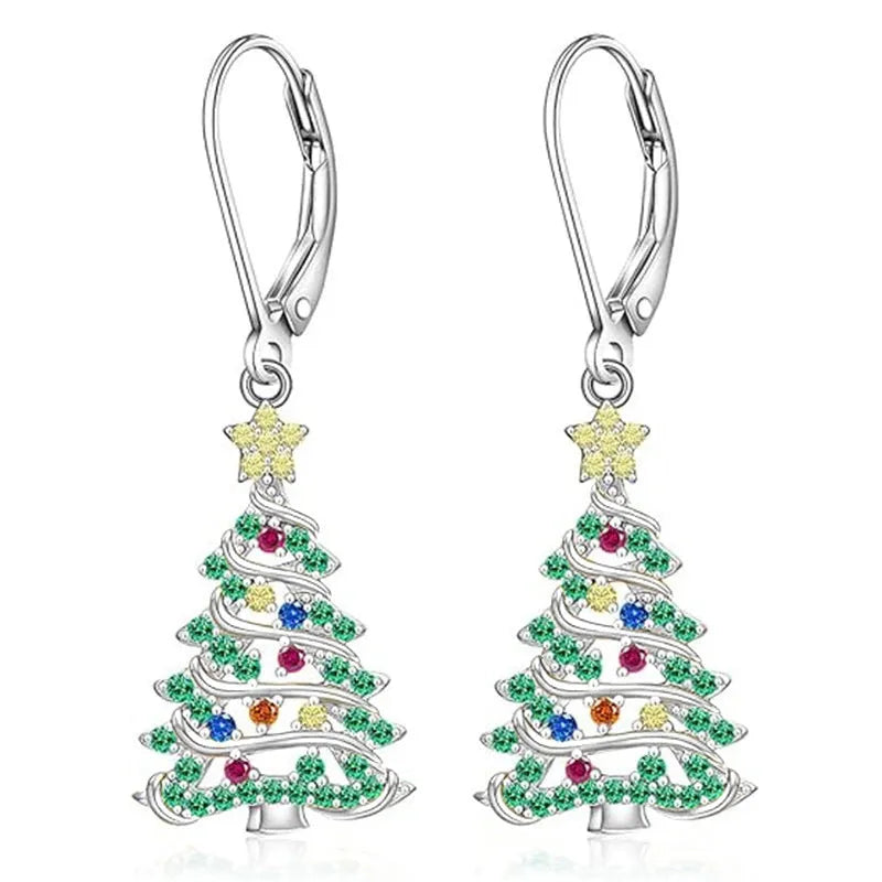 Women's copper Christmas tree earrings with white gold plating and star shape elements