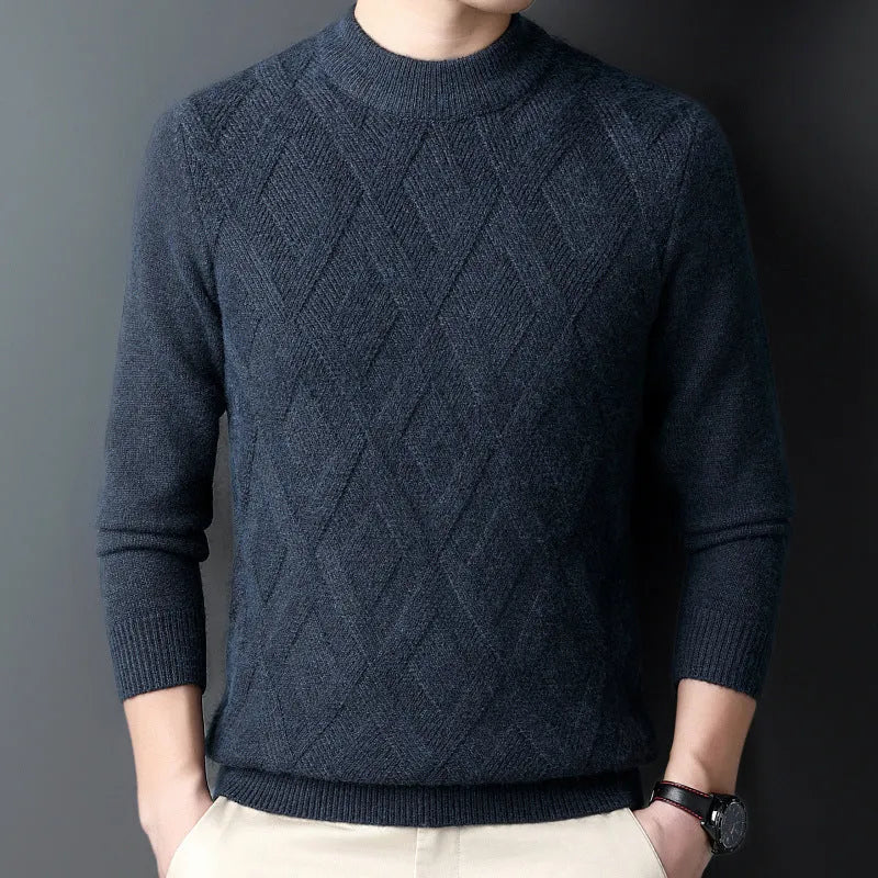 Men's thick diamond jacquard knit sweater in light camel colour, a plus-size winter pullover.