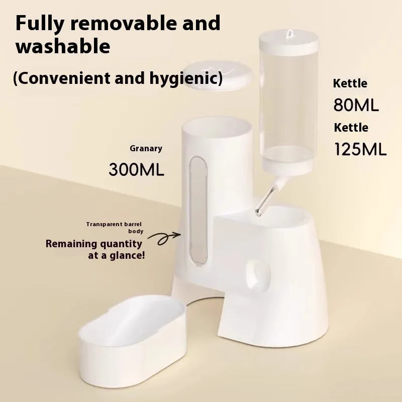 White, blue, and pink hamster automatic drinking water feeder and food basin in large and small sizes.